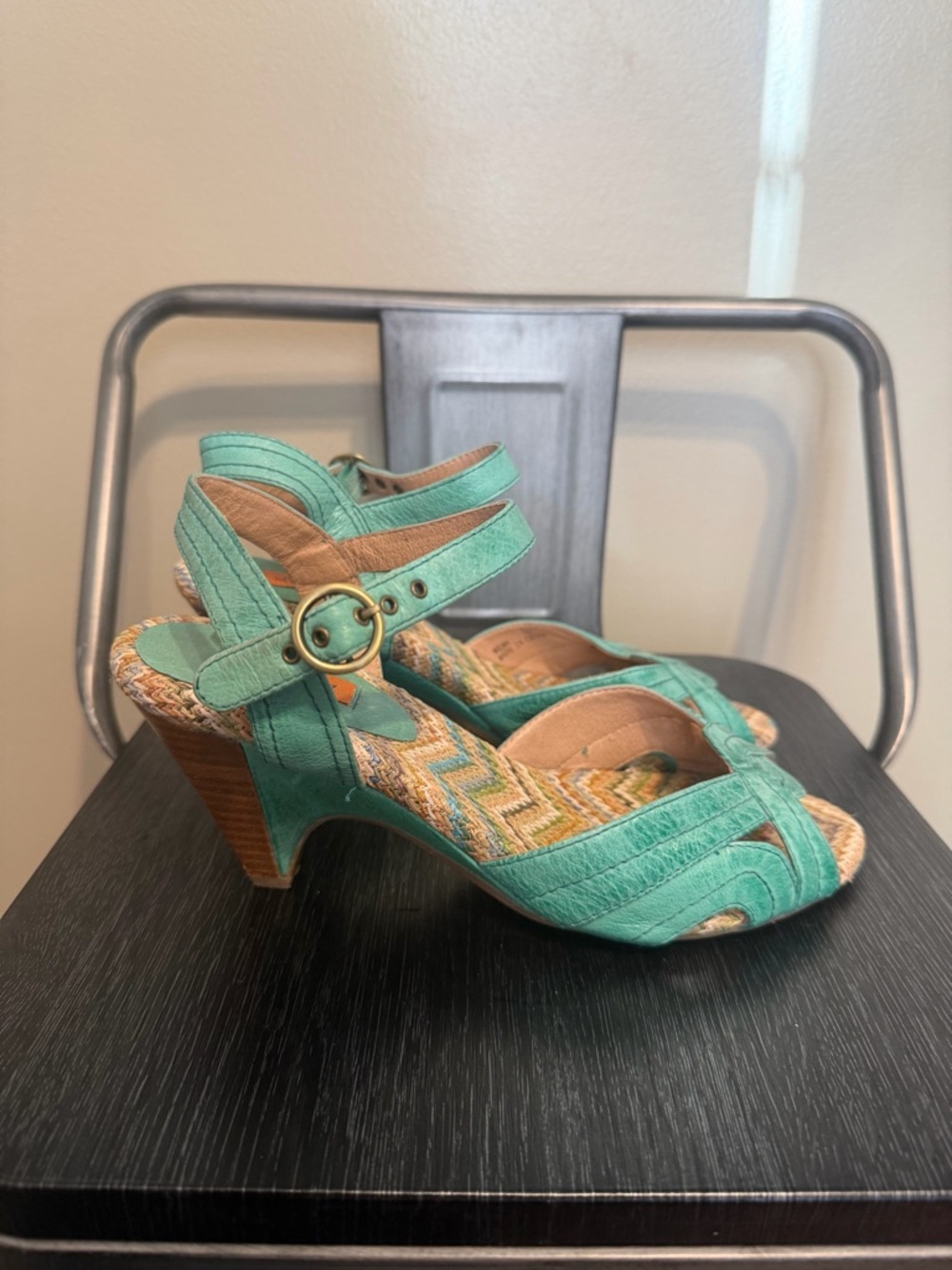 Miz Mooz Mint Green Leather Boho Heels 7.5 Woven Footbed Sandals - Picture 4 of 13